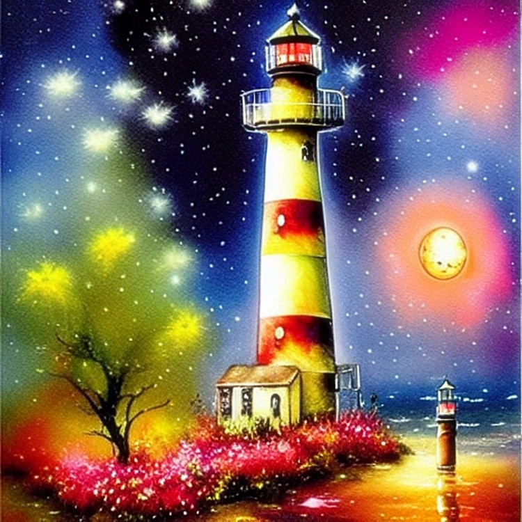Bright lighthouse ink and water art