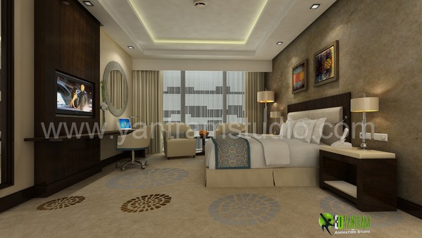 3D Classic Interior Design for Hotel Bedroom
