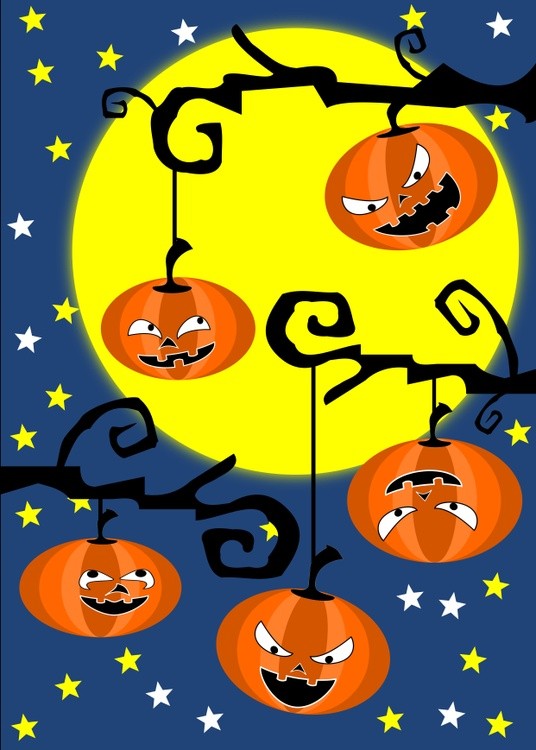 Halloweens pumpkins on tree branches, stars, moon
