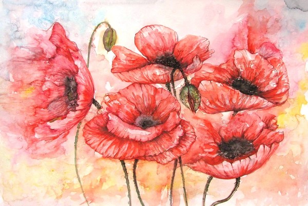 Poppies Fantasy watercolour painting