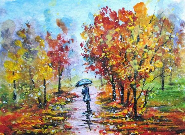 Fall rain acrylic painting aceo