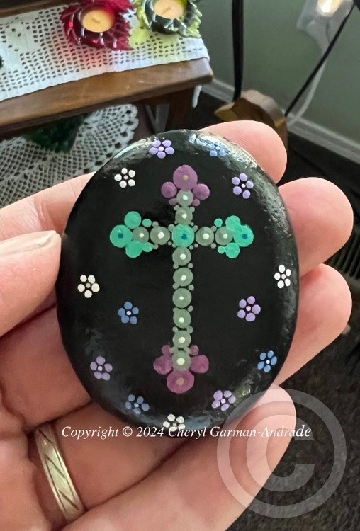 Purple and Teal Cross Dot Art River Stone