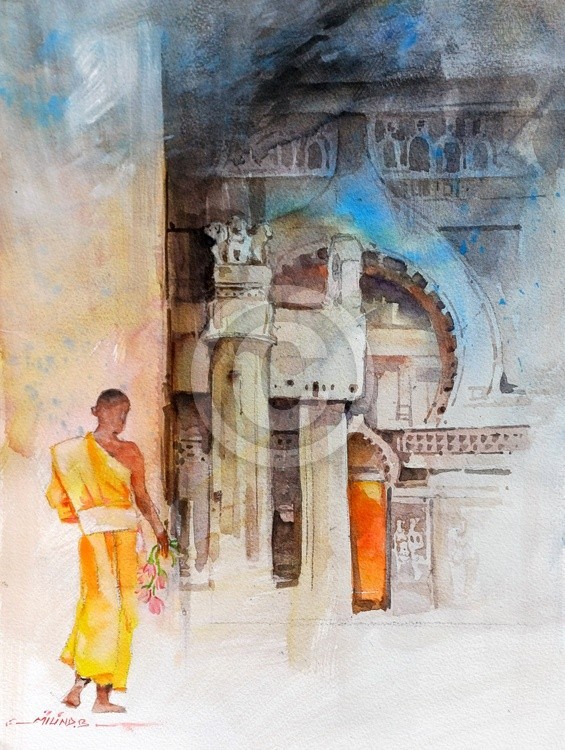 Buddhas Way (Karla) Milind Bhanji Watercolor 12x16 Inch