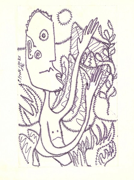 JUNGLE: cannibal tour guide..(c) 1985..elton houck..8 x 10 ink on paper==jungle diners art..........