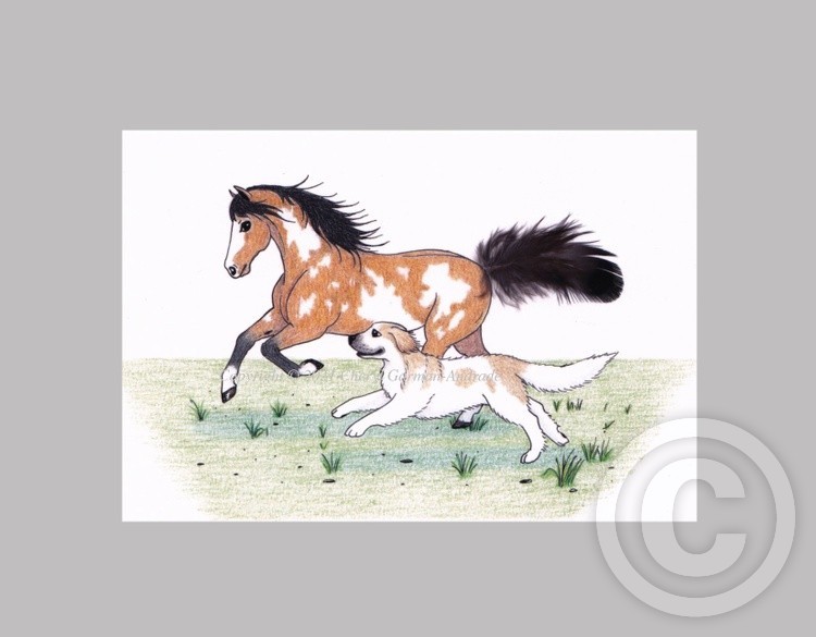 Overo Paint Horse & Pyrenees Dog Whimsical Illustration