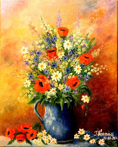 Wild flowers in a vase with poppies