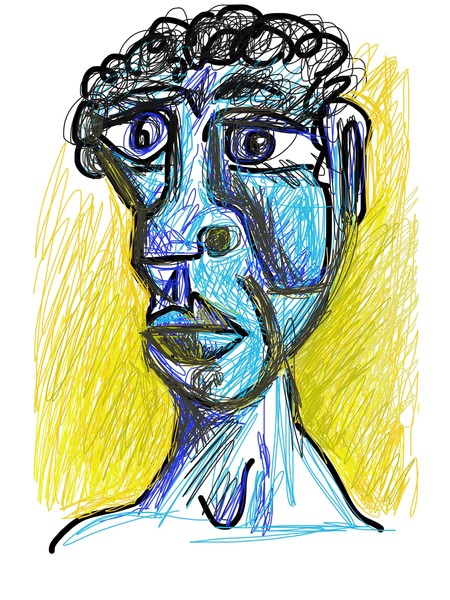 Mans head, portrait in blue. Yellow background.