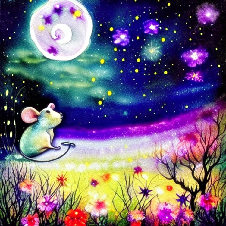 Mouse in moonlight ink and water art