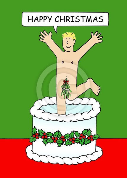 Naked Christmas man leaps from a cake.