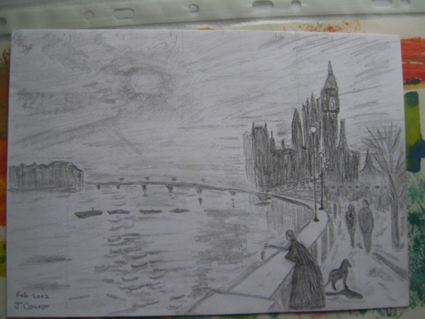 Tonal drawing of River Thames by moonlight