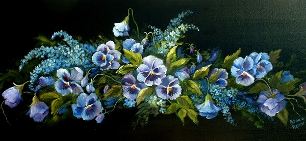 Pansies and blue flowers on black background.