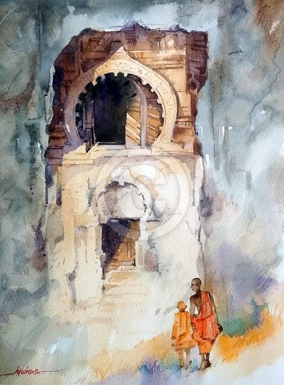 Buddhas Way (Suleman Caves)  INDIAWatercolor Painting By Milind Bhanji milindbhanjiSize 11x14 Inch