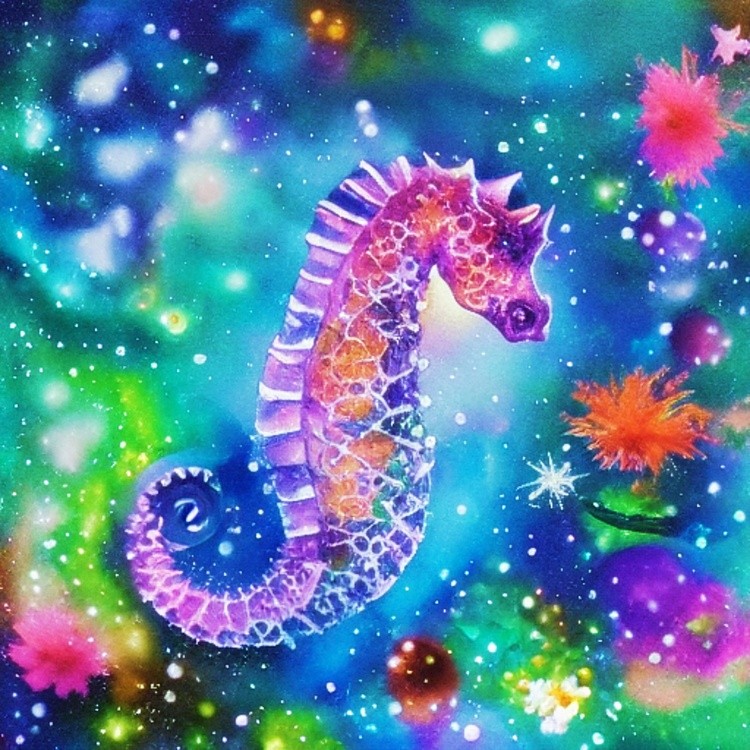Swimming seahorse ink and water art