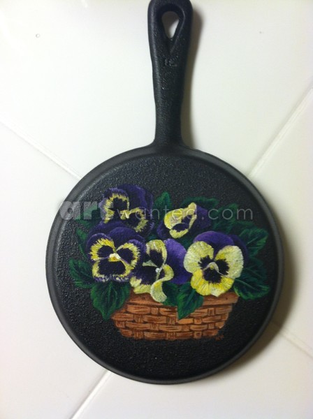 Yellow and Purple Pansies in basket on 5 inch pan