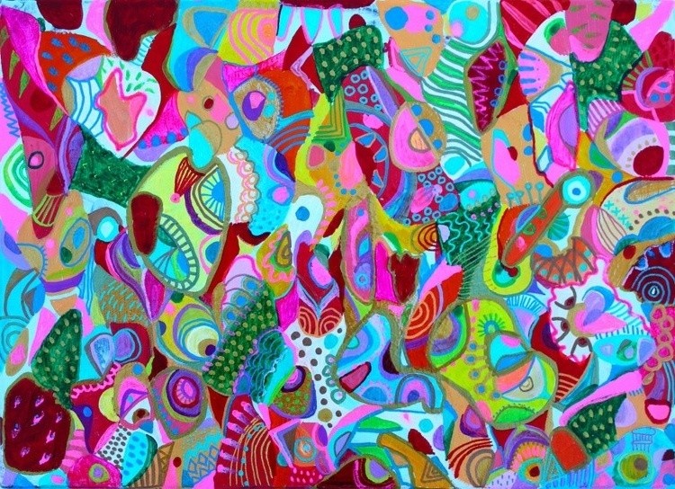 340. Happy colorful life in the nature. Acrylic, Watercolor on Canvas 24x33cm, 2023 Veera Zukova