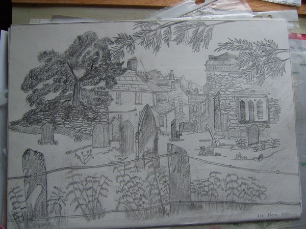 Tonal drawing of graveyard