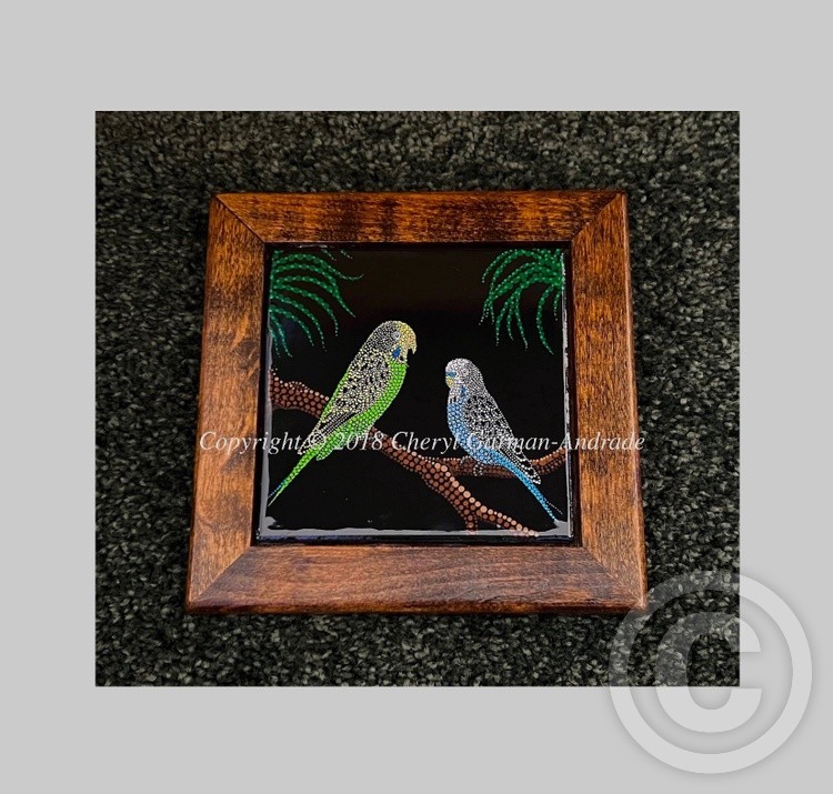 Budgies in Dragon Tree Dot Art Ceramic Tile