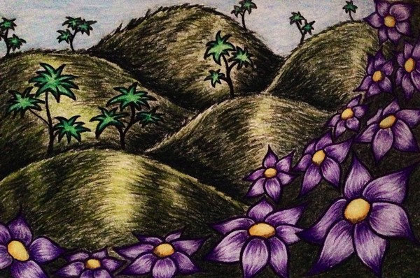 Green Hills & Purple Flowers