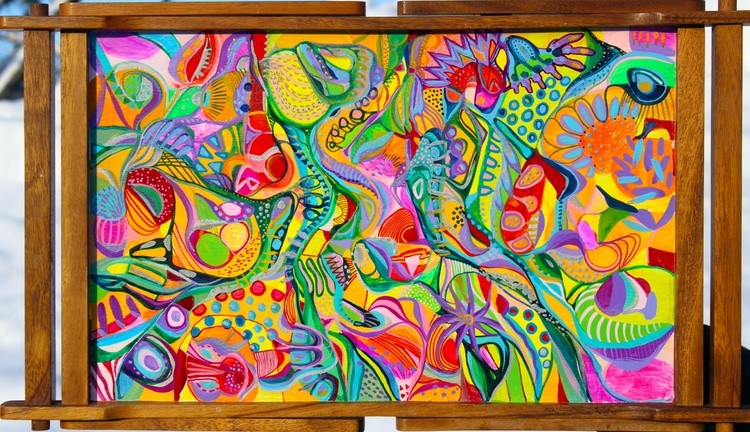 476. Wooden tray. Hand-painted abstract. Acrylic, Watercolor on Wooden tray 35x60cm