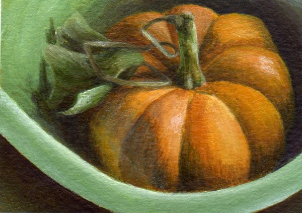 ACEO - Orange Pumpkin in Green Bowl