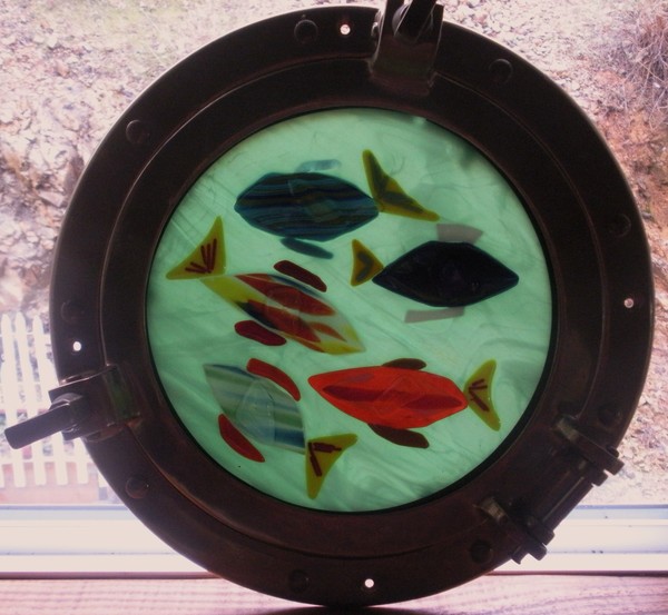 Mosaic Fused Glass Fishes in port hole frame