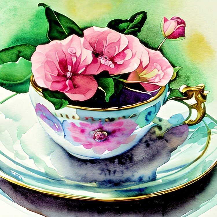 Watercolor pink flowers in blue teacup
