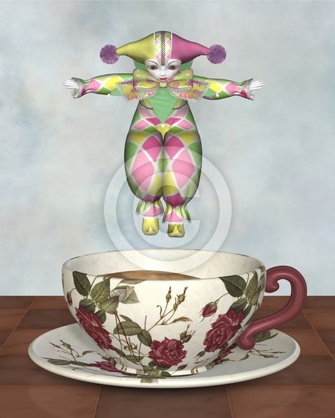 Pierrot Clown Doll Jumping into a Tea Cup