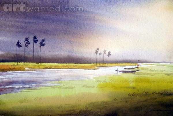 Monsoon Rural Landscape-Watercolor on Paper