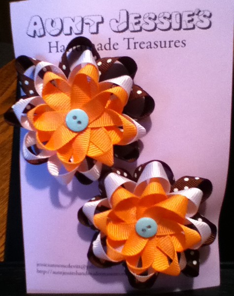 Brown, White, and Orange 3 Layer Pigtail Bows