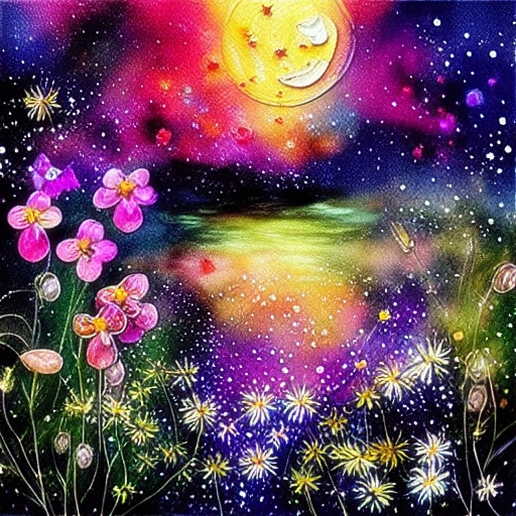 Colorful moonlit garden ink and water art