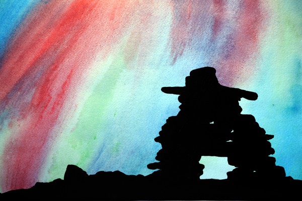 Inukshuck Silhoutte( WC and acrylic 12x16)