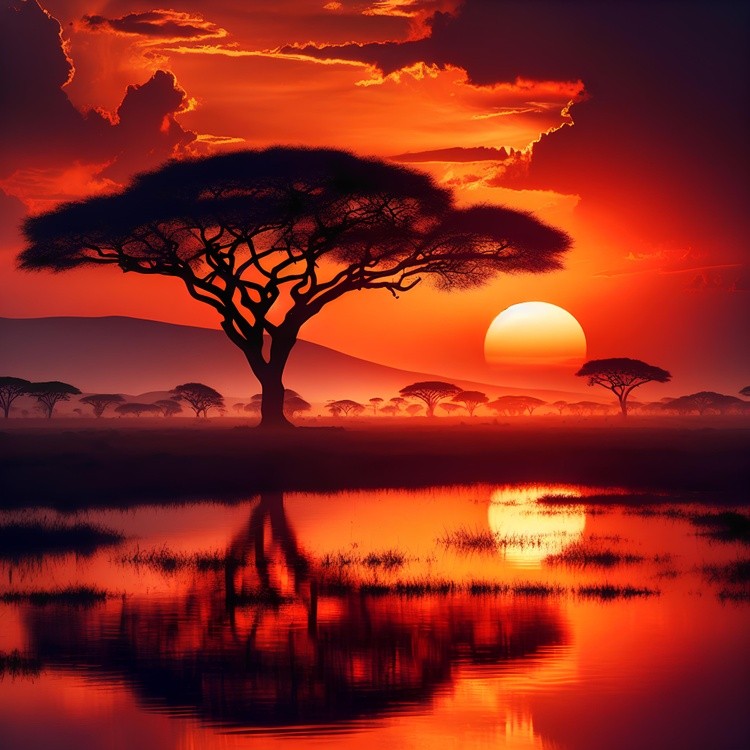 Stunning sunset with acacia tree silhouette