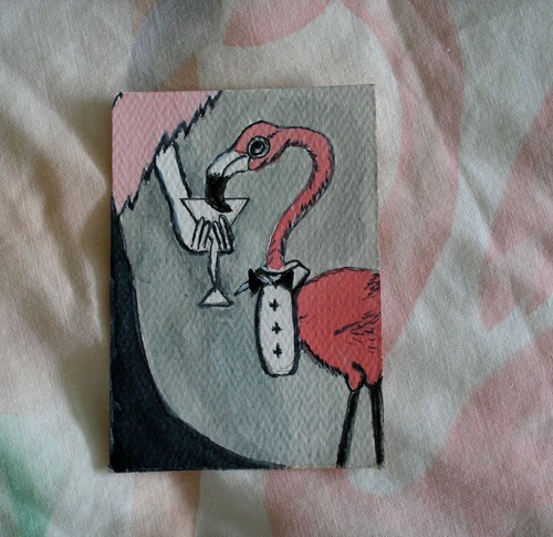 PINK FLAMINGO in Tux Drinking Martini LE aceo