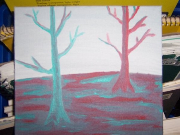 complementary colored trees 4X4 oil paint on canvas board