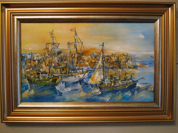 'OLD HARBOUR IN GREECE' oil on canvas-dim:50/45