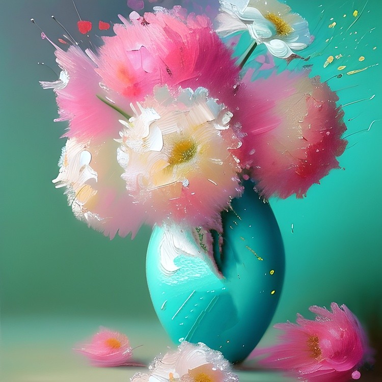 Painted pink blossoms in teal vase