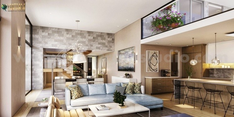 Modern Residential living Area 3D Interior Concept
