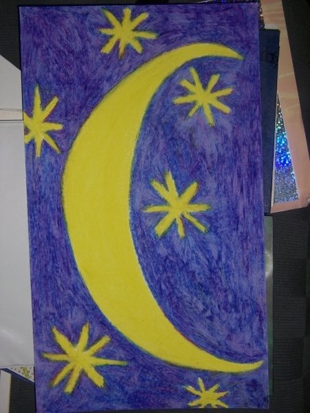 crescent moon and stars oil pastel on paper