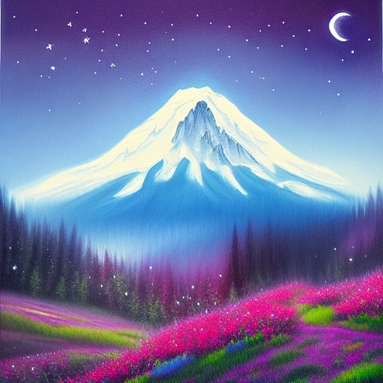 Mount Hood and flowers in moonlight