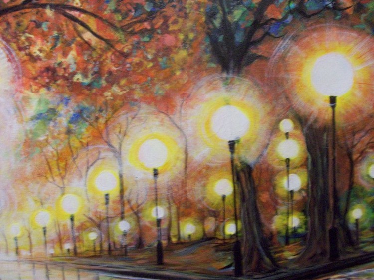 Close up of  street lights Rainy Night at The Park painting