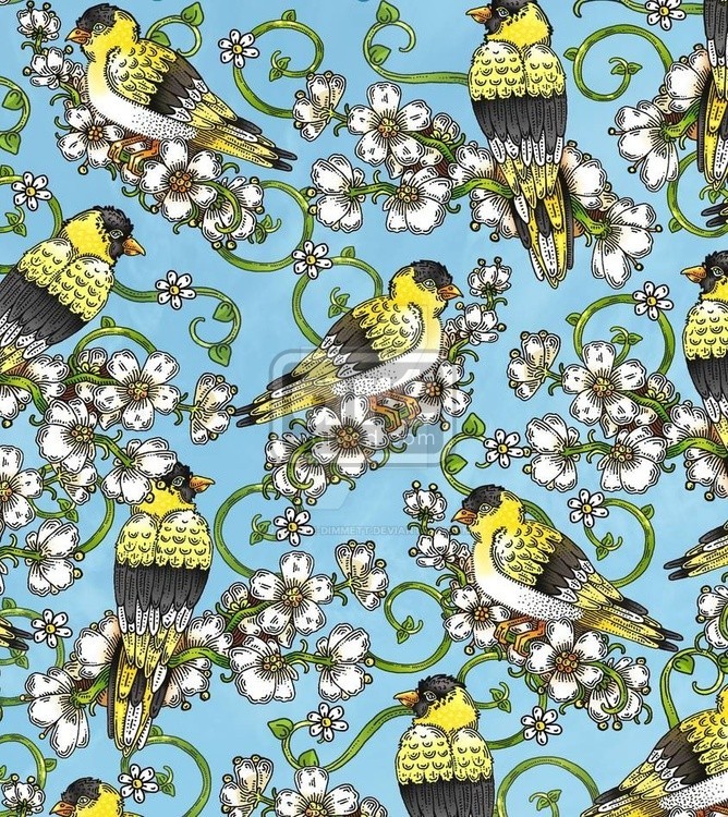 Yellow Finches in Dogwood Pattern