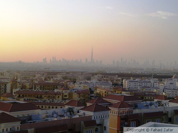 Dubai skyline at dusk.