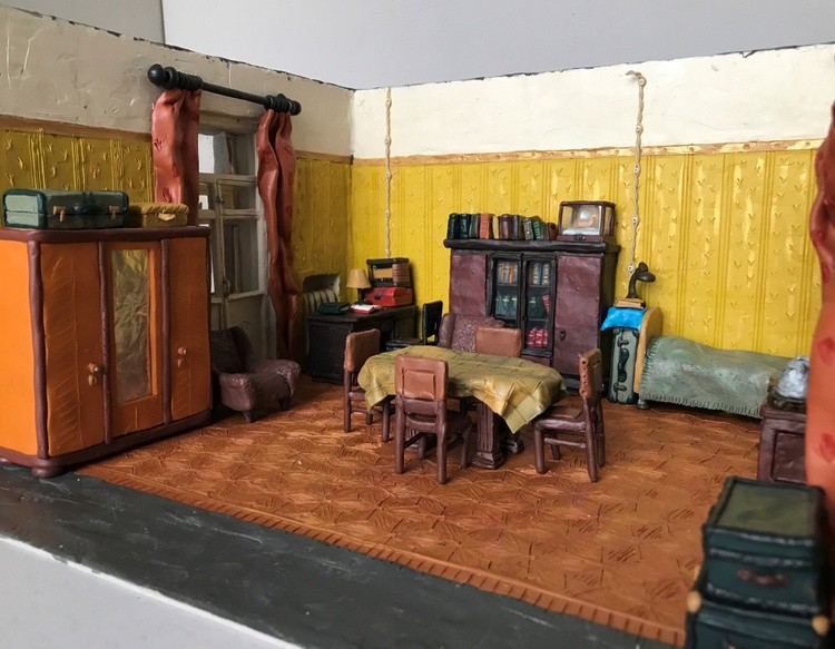Room with balcony, plasticine, cardboard, 50x35x18 cm