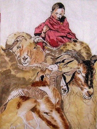 Tibetan monk and antelopes