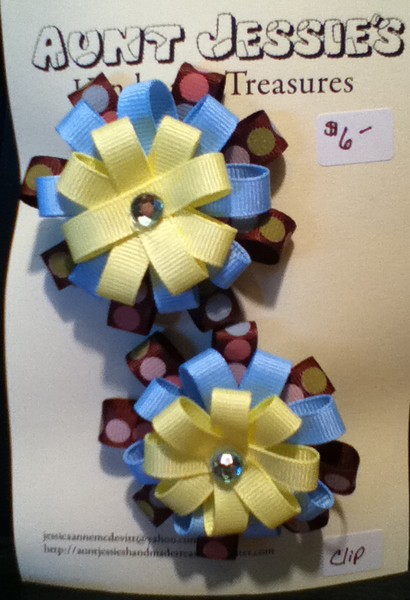 Brown, Blue, and Yellow 3 Layer Pigtail Bows