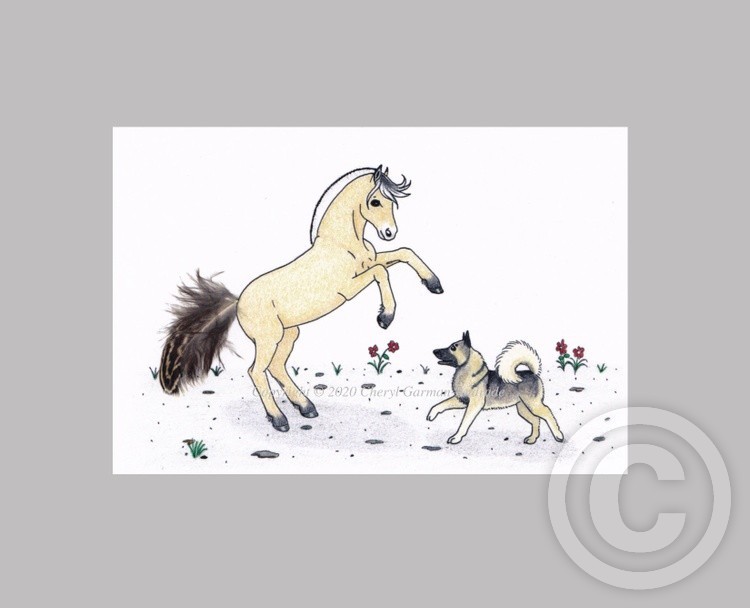 Norwegian Fjord Horse & Elkhound Dog Whimsical Illustration