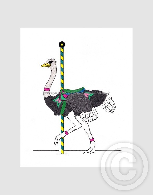 Carousel Ostrich Whimsical Illustration