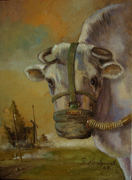 Madness of war. Cow with gasmask.