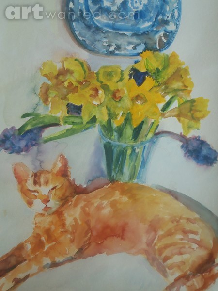 Ginger Cat and Daffodils