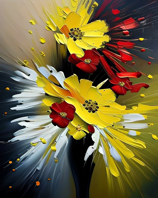 Red and yellow brushstroke flowers